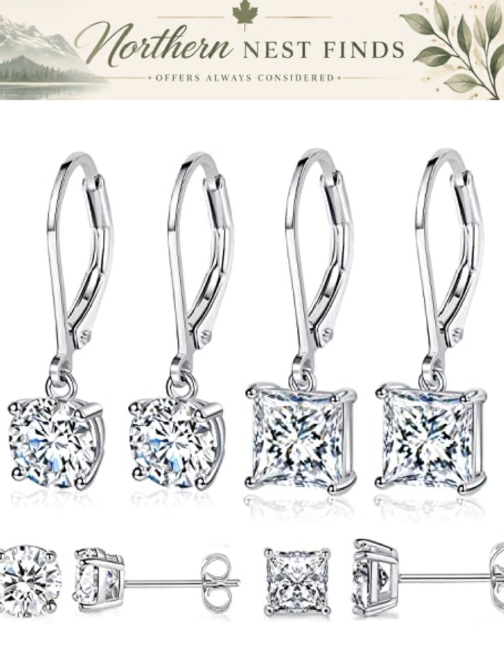 4 Pairs 18K White & Yellow Gold Plated Dangle Stud Earrings Cubic Zirconia Tear